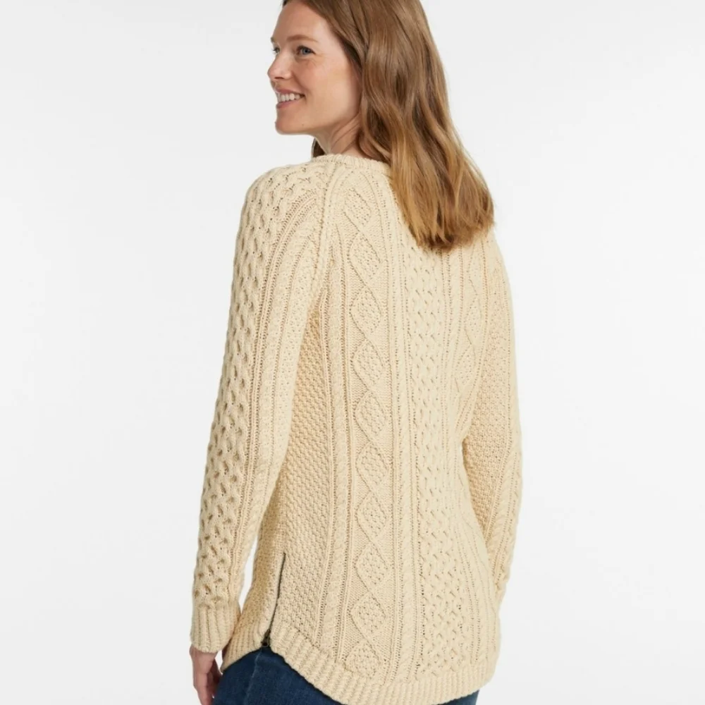 LL BEAN SIGNATURE FISHERMEN Cream Cable Knit Sweater Coastal Nautical Wool